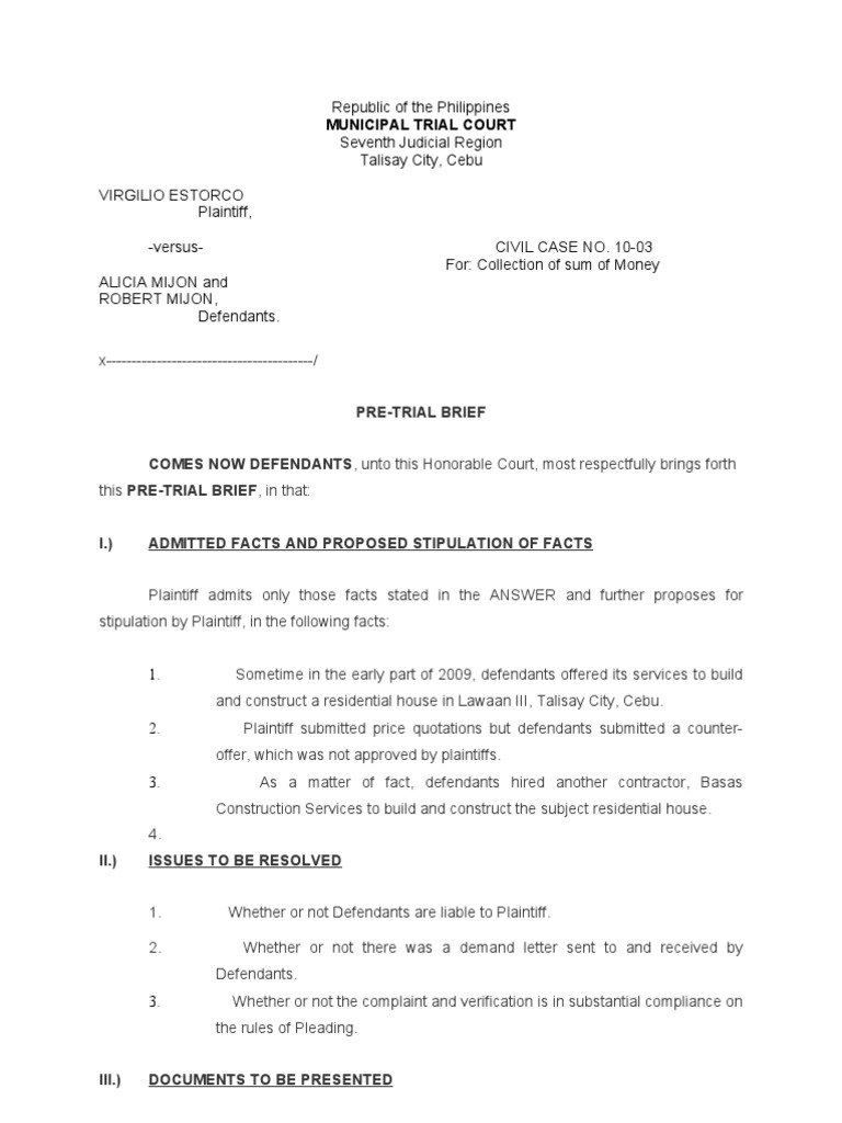 Pre-Trial Brief for Civil Case 10-03 | PDF | Complaint | Lawsuit