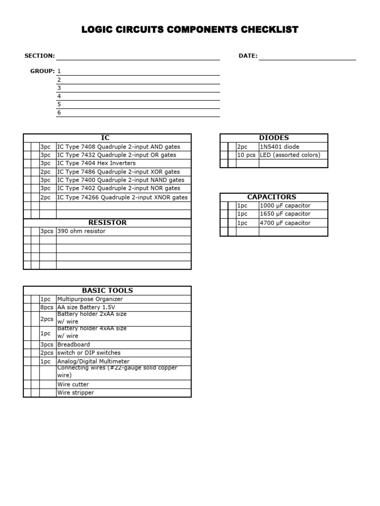 Logic Circuits Components Checklist | PDF