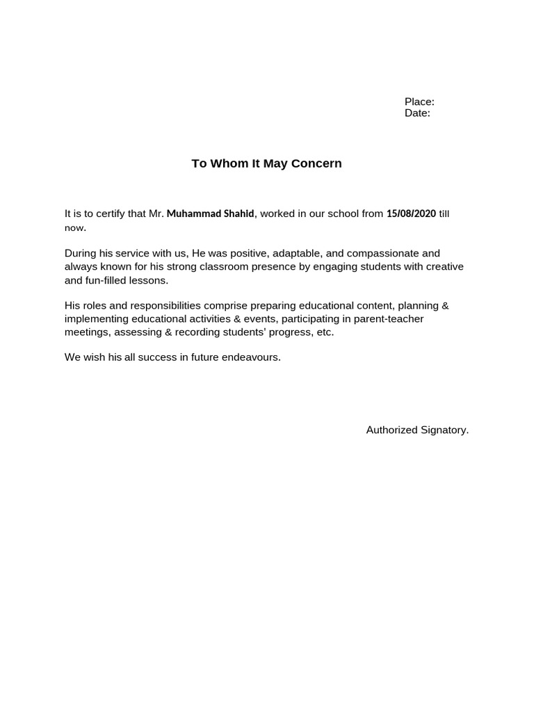 Employment Certificate for Mr. Shahid | PDF