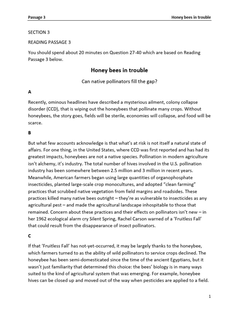 24 Passage 3 - Honey Bees in Trouble Q27-40 | PDF | Pollination | Honey Bee