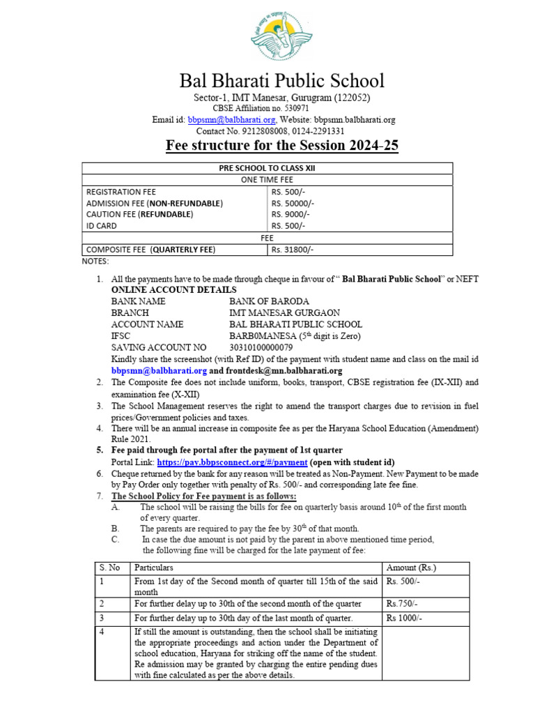 Fee Structure 2024 25 FINAL | PDF | Fee | Taxes