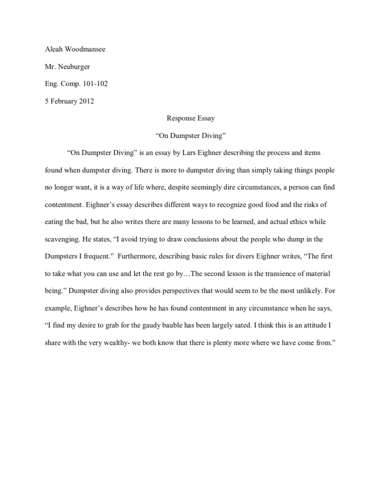 On Dumpster Diving Response Essay Pdf Diving