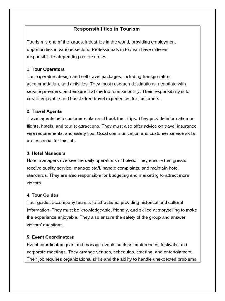 Key Roles in Tourism Management | PDF | Tourism | Hotel