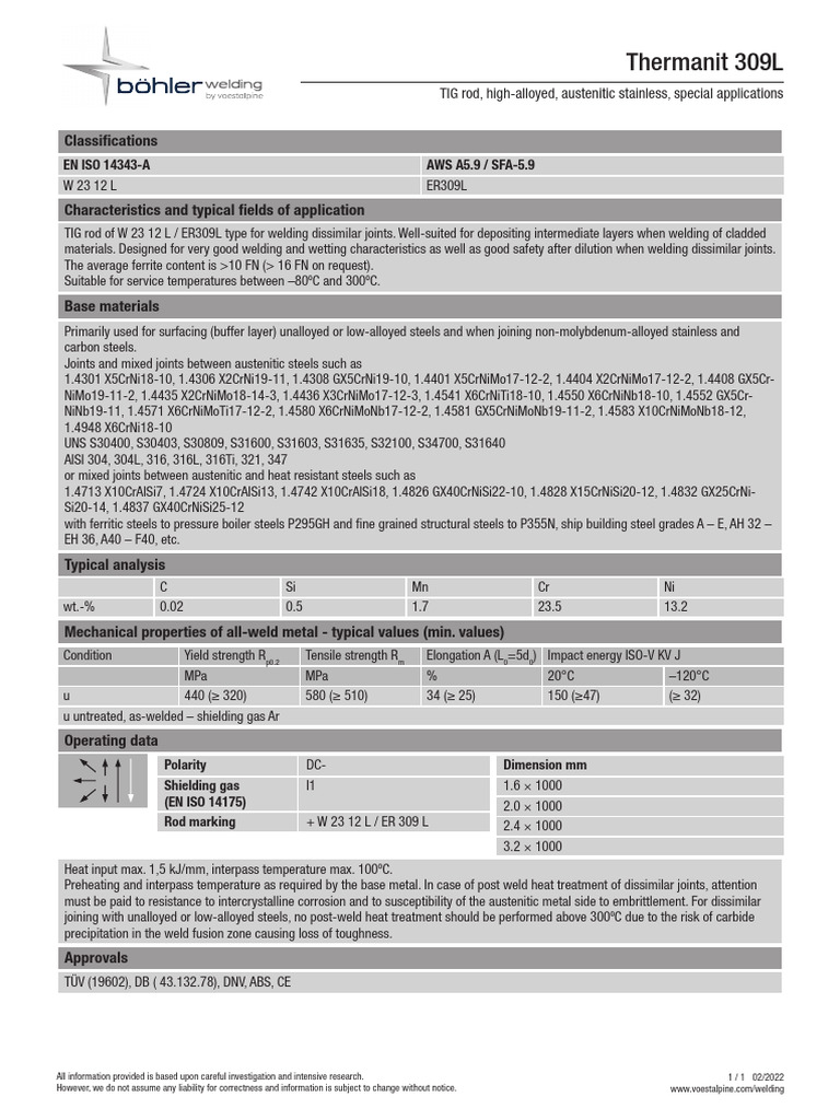 Datasheet Thermanit 309L TIG | PDF | Stainless Steel | Steel