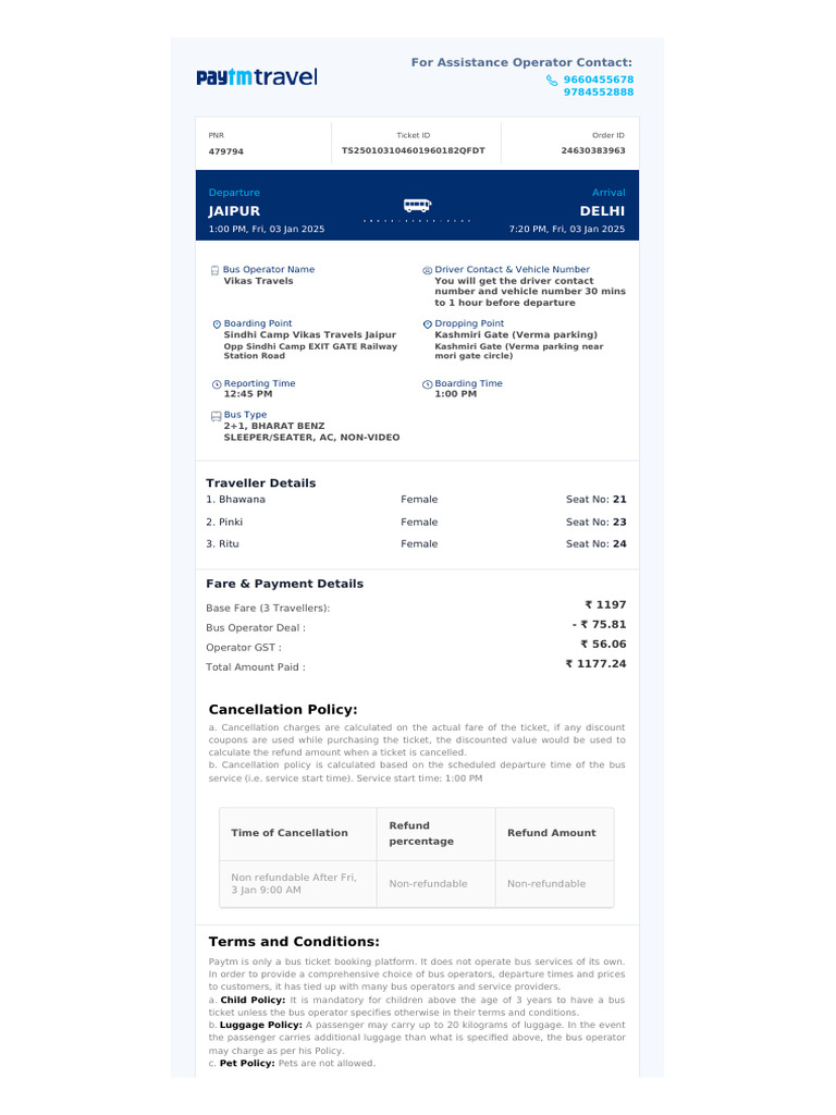 Jaipur to Delhi Bus Ticket Details | PDF | Identity Document | Bus