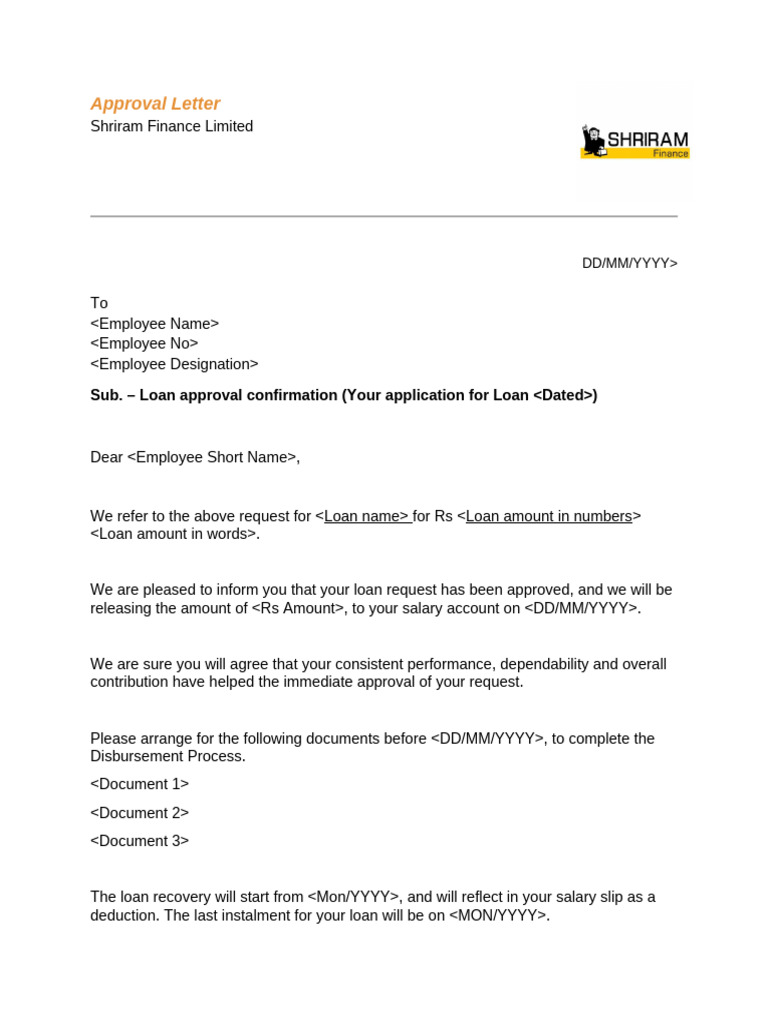 Shriram Finance Loan Approval Letter | PDF