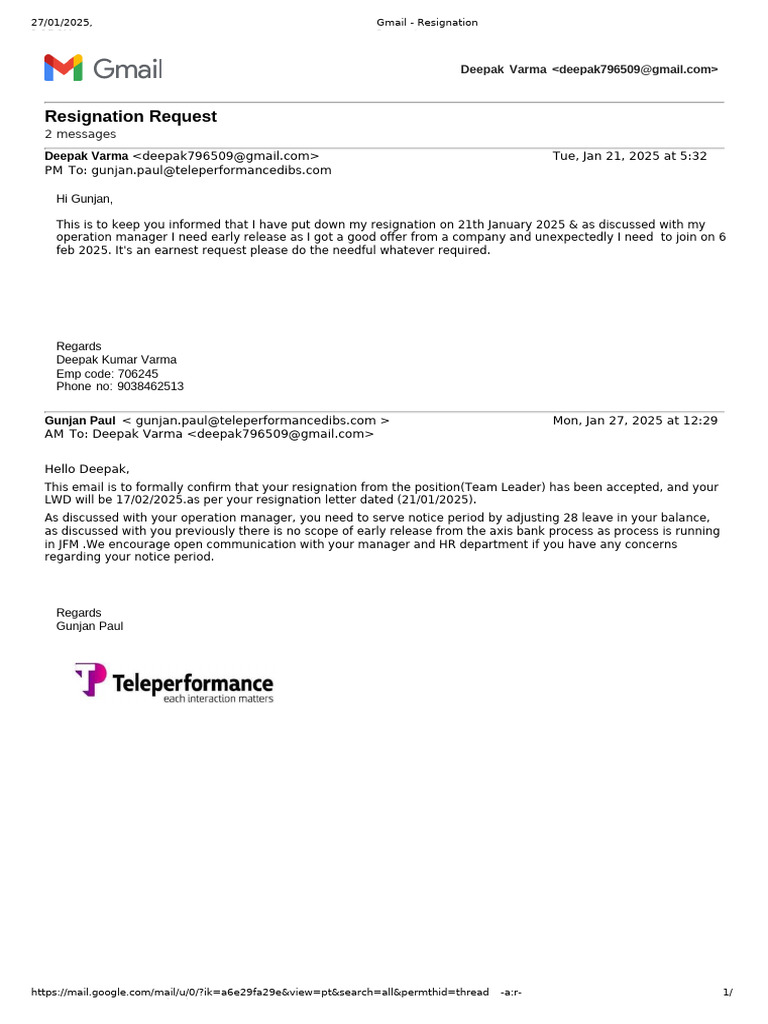 Gmail - Resignation Request Letter | PDF