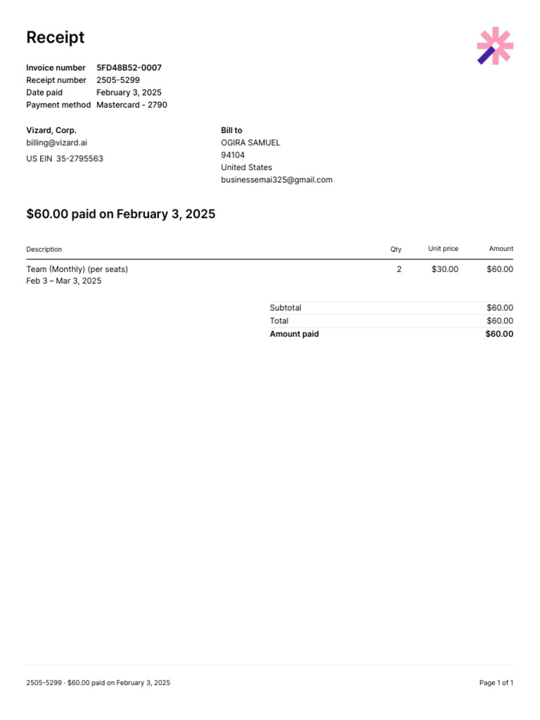 Monthly Team Subscription Receipt | PDF