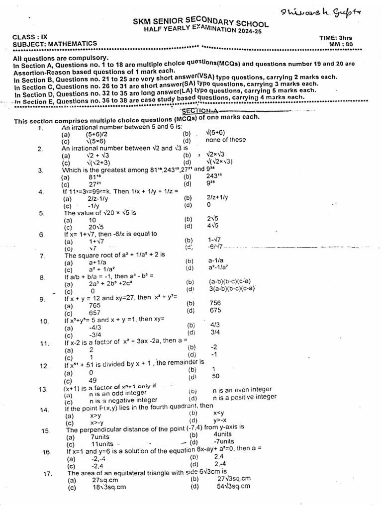 9th (SKM) Maths Half Yearly | PDF