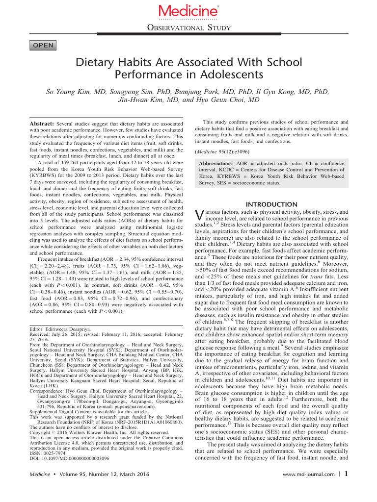 Dietary Habits Are Associated With School Performa | PDF | Confidence ...