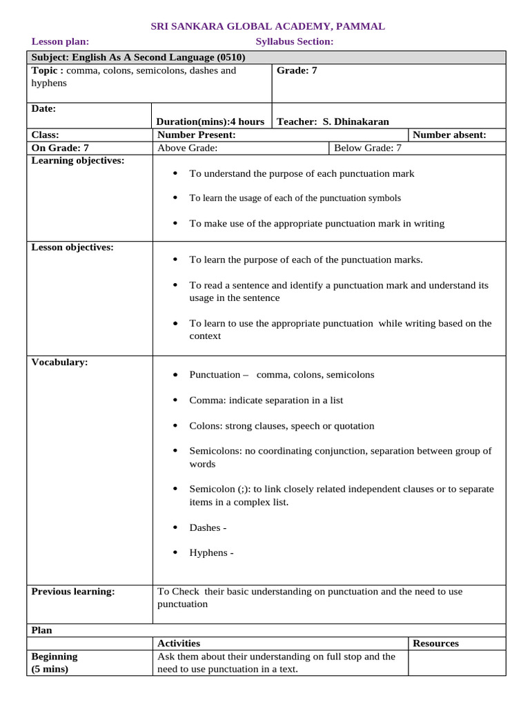 Grade 7 Punctuation Lesson Plan | PDF | Punctuation | Comma