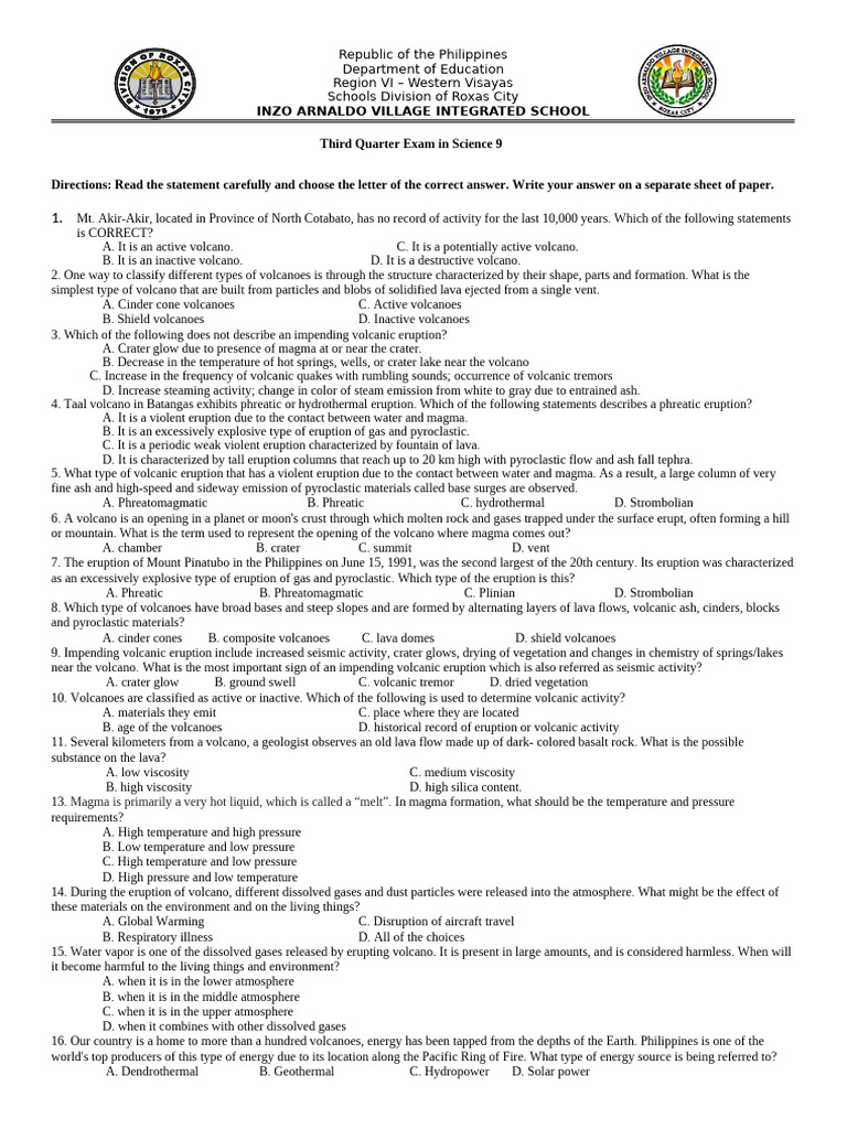 Science 9 Third Quarter Exam: Volcanoes | PDF | Volcano | Types Of ...