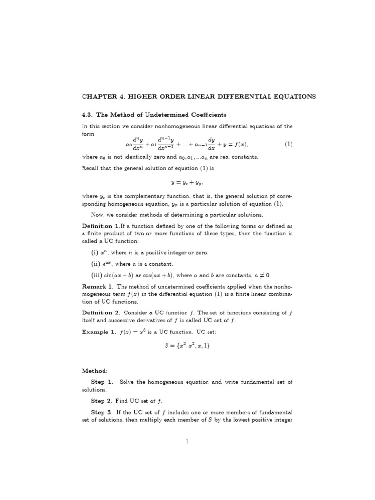 The Method of Undetermined Coefficients | PDF | Equations ...