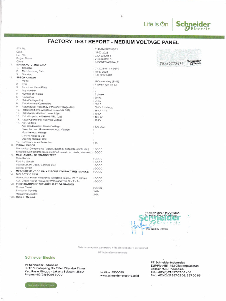 Test Report MV Panel F-SM6R-QM-A1-L1 | PDF | Voltage | Equipment