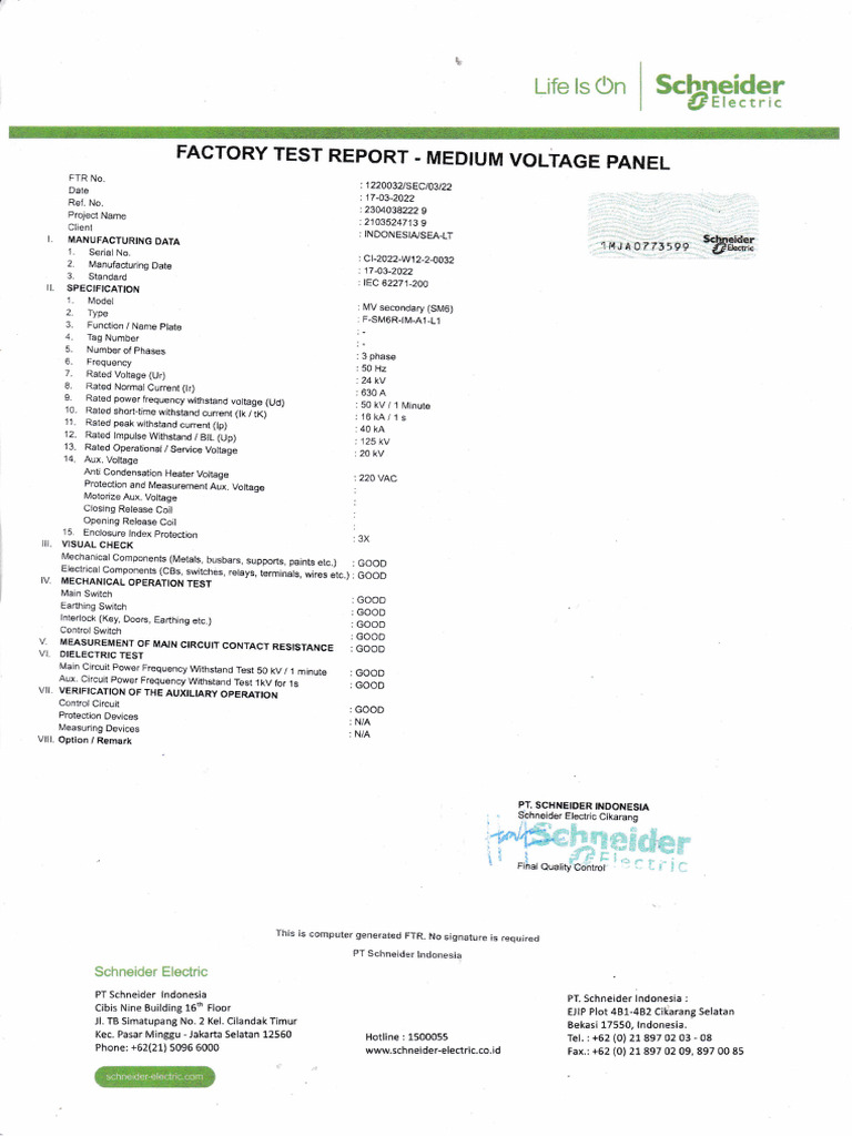 Medium Voltage Panel Test Report | PDF | Electronics | Equipment