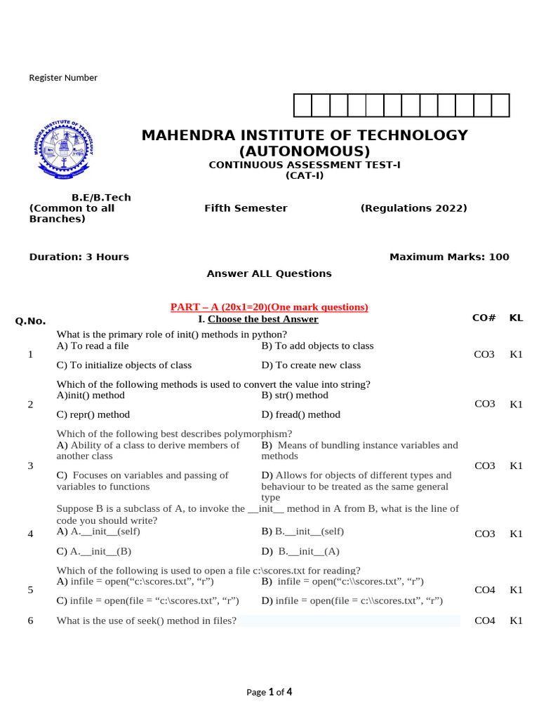 B.E/B.Tech Continuous Assessment Test I | PDF | Sql | Method (Computer ...