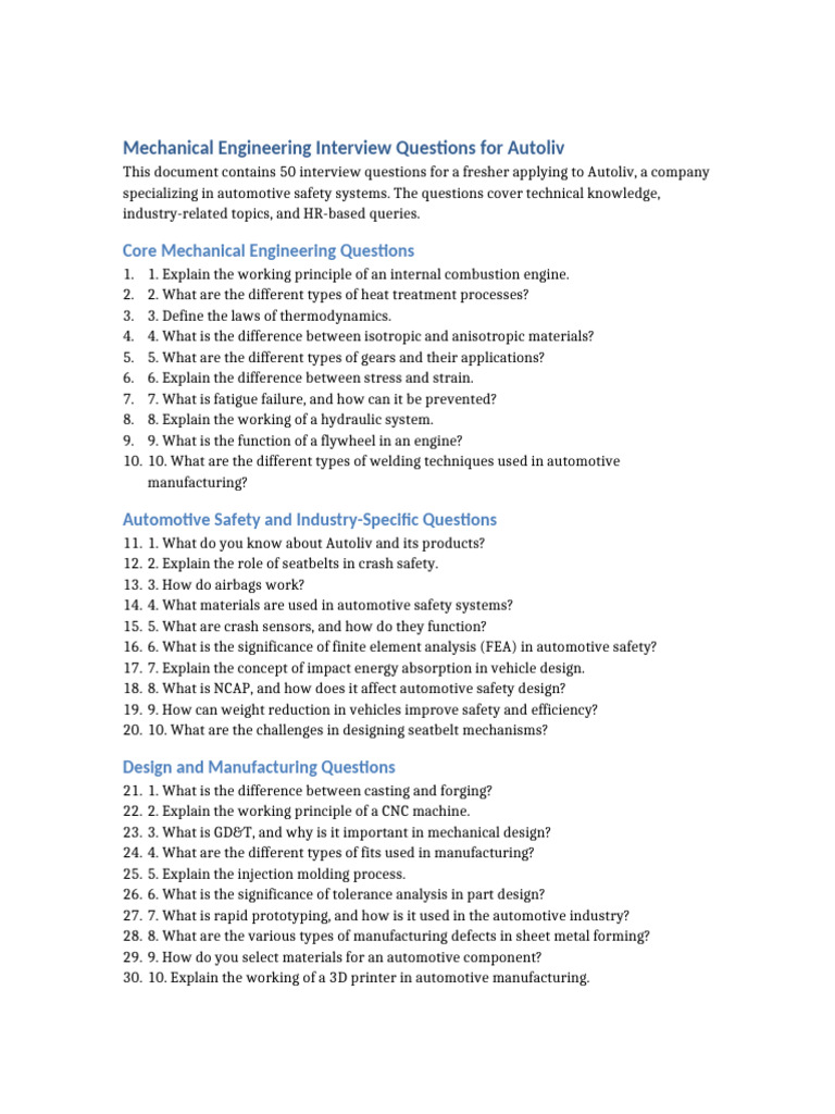 Mechanical Engineering Interview Questions Autoliv Pdf Fluid