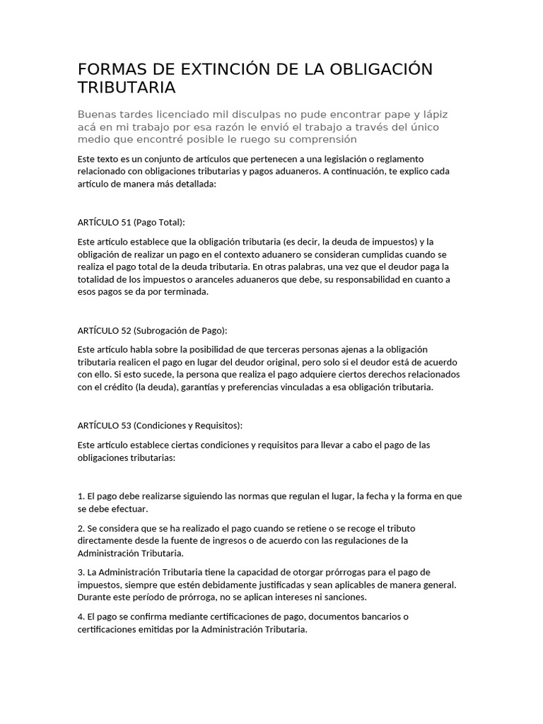 Extinción de Obligaciones Tributarias | PDF | Pagos | Estatuto de ...