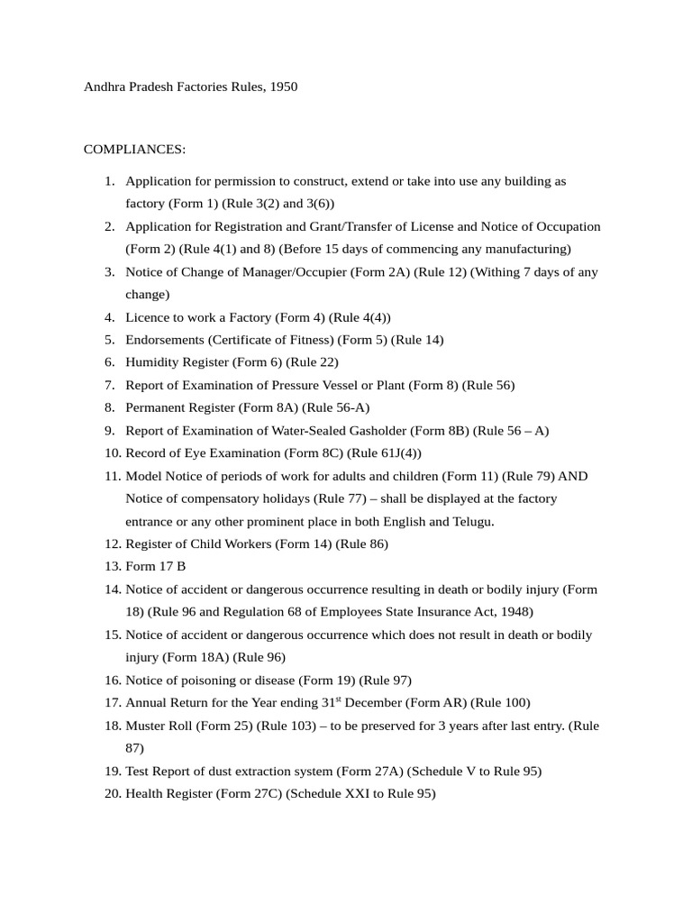Andhra Pradesh Factory Rules 1950 | PDF