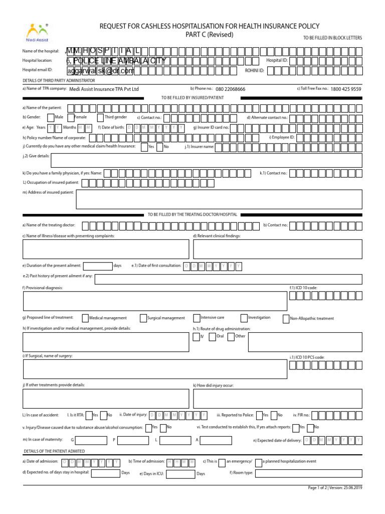 Cashless Hospitalization Request Form | PDF | Hospital | Intensive Care ...