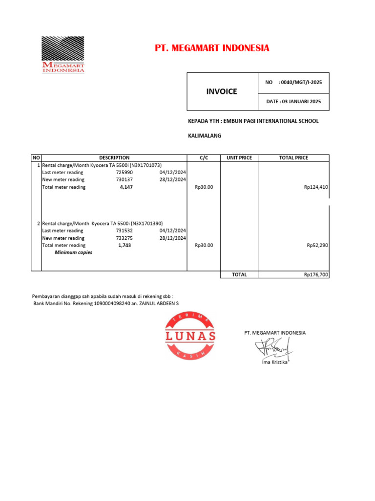 Invoice LUNAS JAN-EMBUN | PDF
