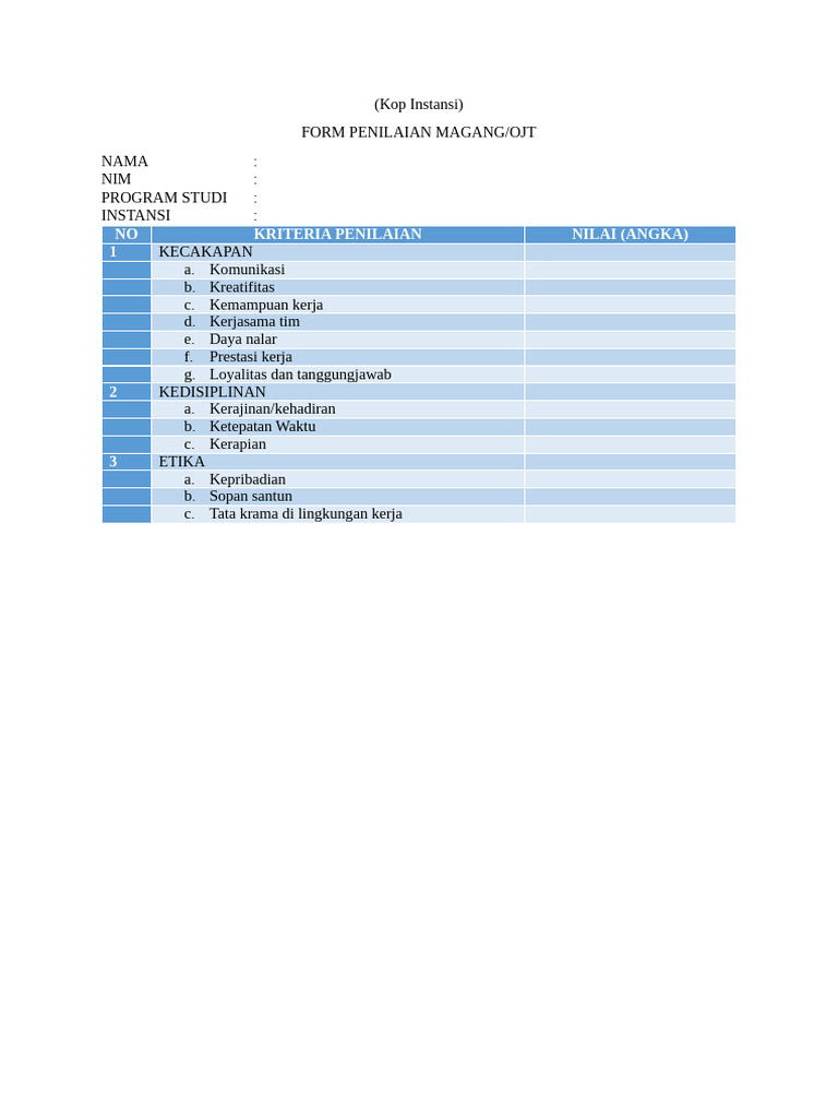 Form Penilaian Magang OJT Lengkap | PDF