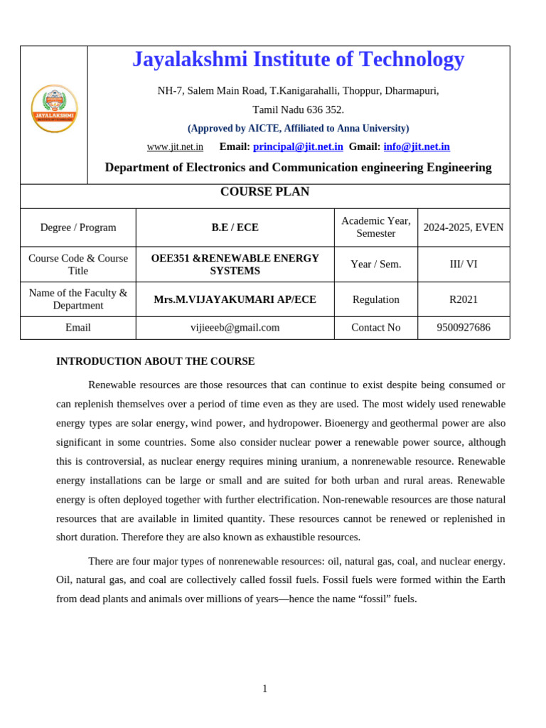OEE351 Renewable Energy Systems Course | PDF | Solar Power | Renewable ...