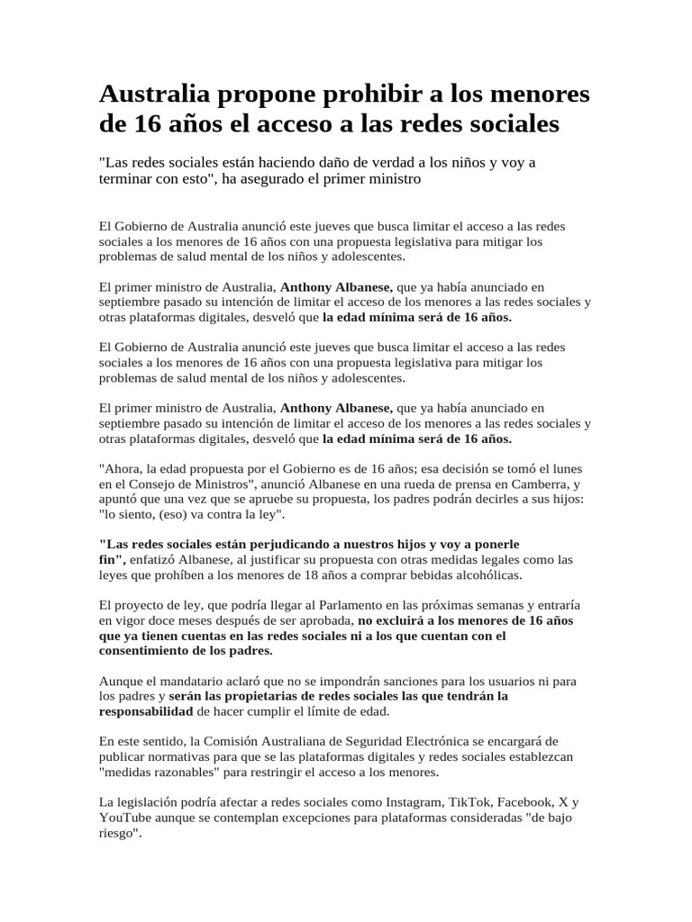 Australia Propone Prohibir A Los Menores de 16 Años El Acceso A Las ...