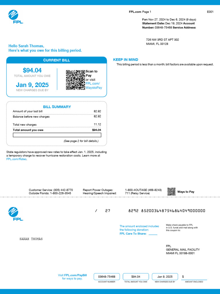 FPL Bill Summary for January 2025 | PDF | Fee | Transaction Account