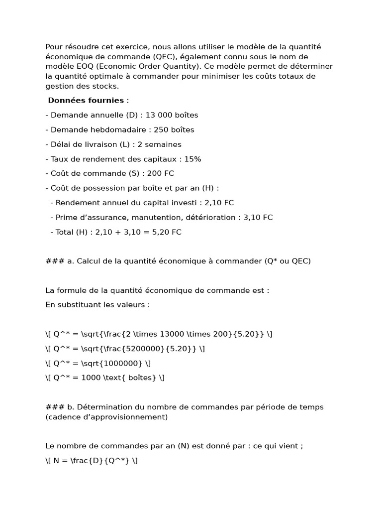Calcul de la quantité économique de commande | PDF