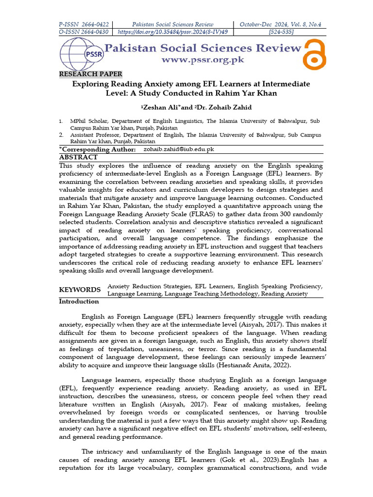 Exploring Reading Anxiety Among EFL Learners at Intermediate Level: A ...