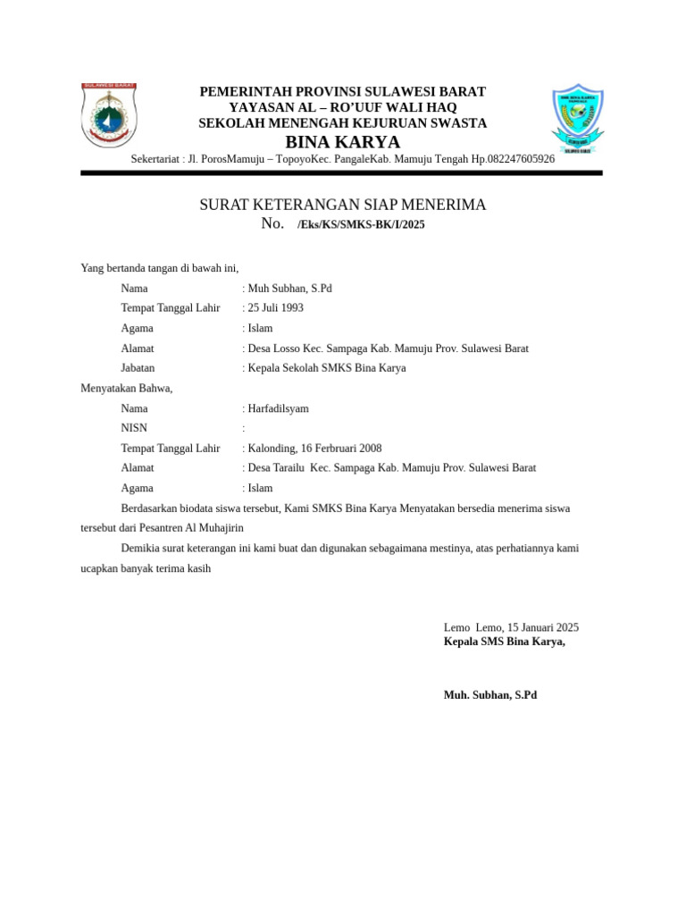 Surat Keterangan Siap Menerima | PDF
