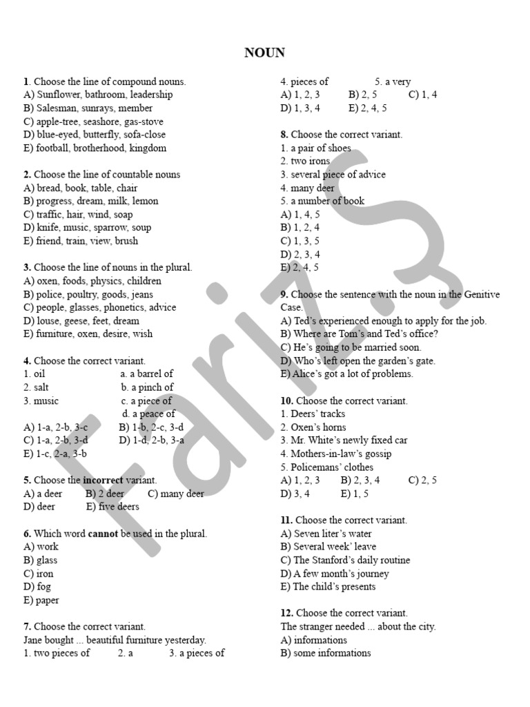 Noun Quiz Pdf Plural Language Mechanics
