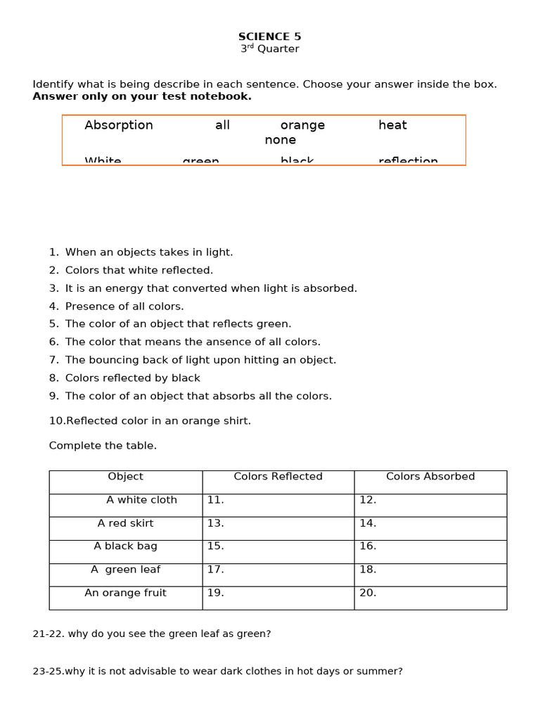 Light Absorption and Reflection Quiz | PDF