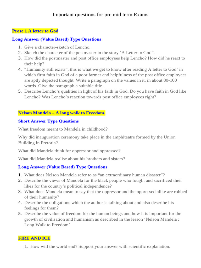 Pre Mid-Term Exam Long Answer Questions | PDF