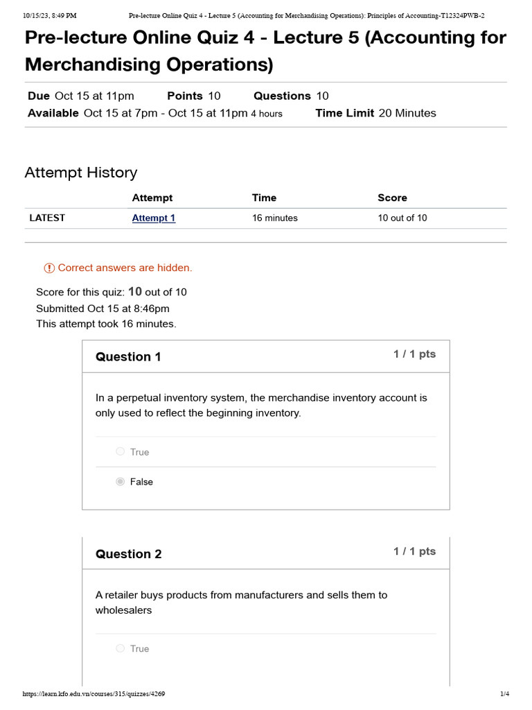 Pre Lecture Online Quiz 4 Lecture 5 Accounting For Merchandising