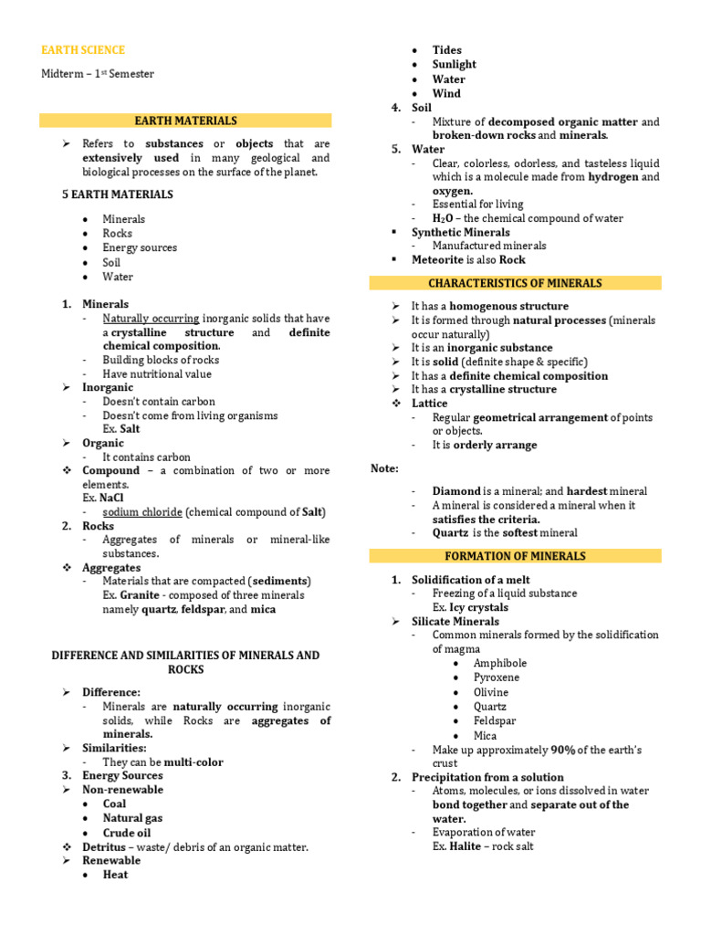 Earth Science Midterm: Earth Materials Overview | PDF | Minerals ...