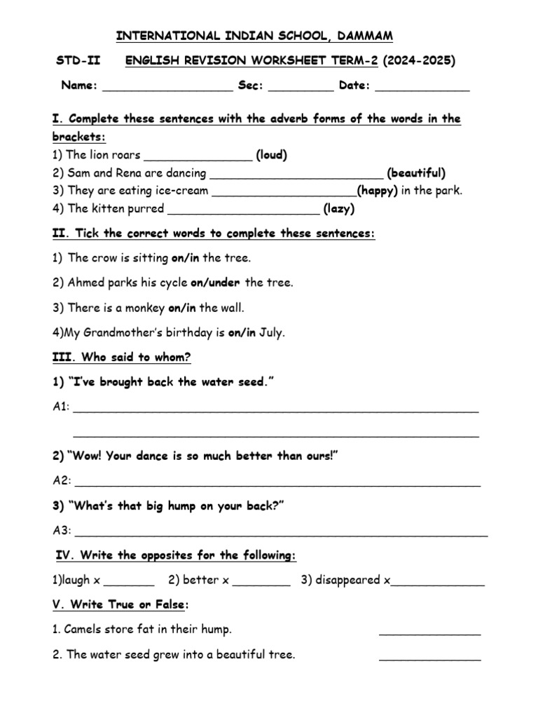 Class 2 English Revision Worksheet Term 2 | PDF | Linguistics | Grammar