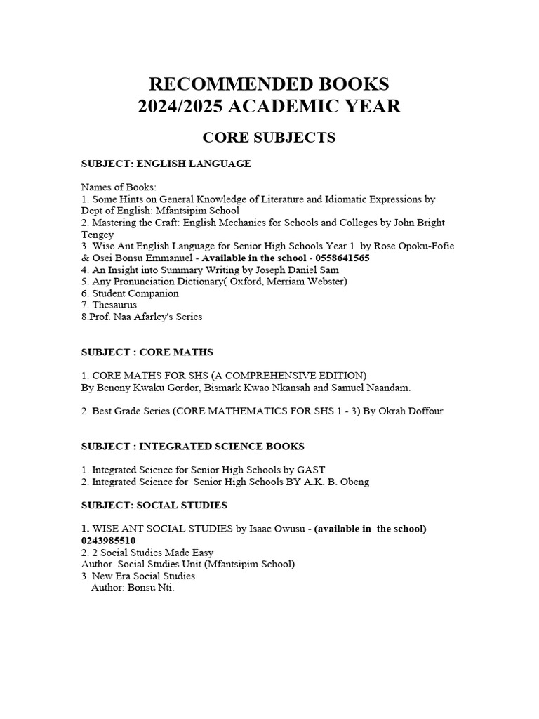 Recommended Textbooks for SHS 2025 | PDF