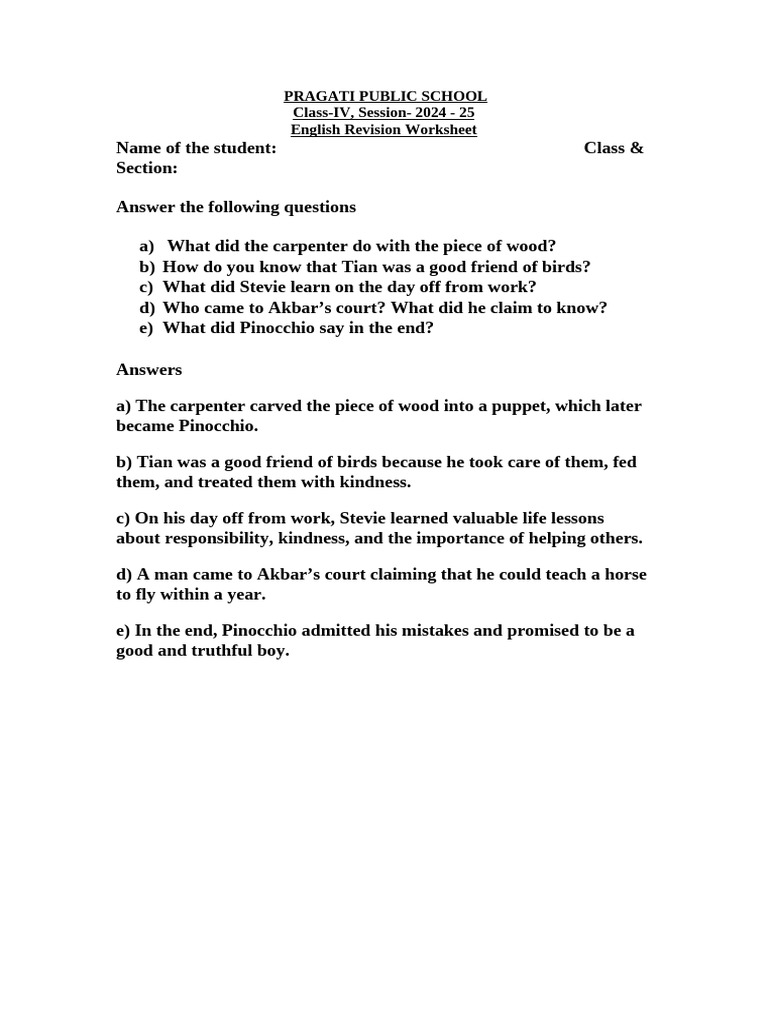 Grade 5 English Revision Worksheet | PDF