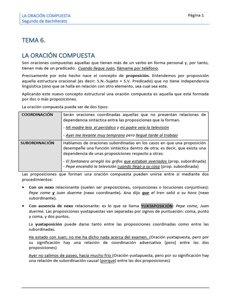 La Oración Compuesta en Español | PDF | Oración (Lingüística) | Adverbio