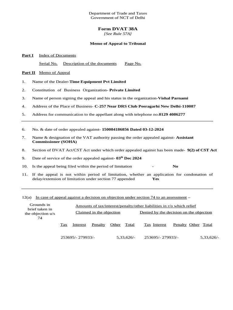 DVAT 38A Appeal Memo - Time Equipment Pvt Ltd | PDF | Appeal | Public Law