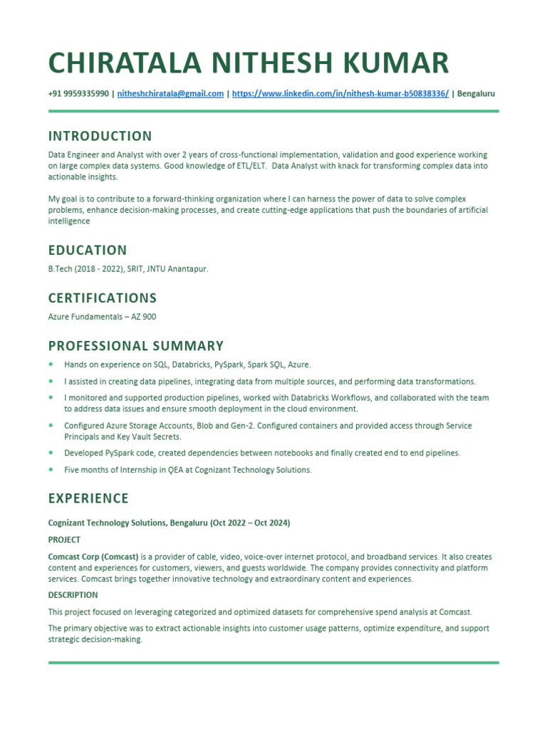 Nitesh Azure Data Engineer 2years | PDF | Apache Spark | Microsoft Azure