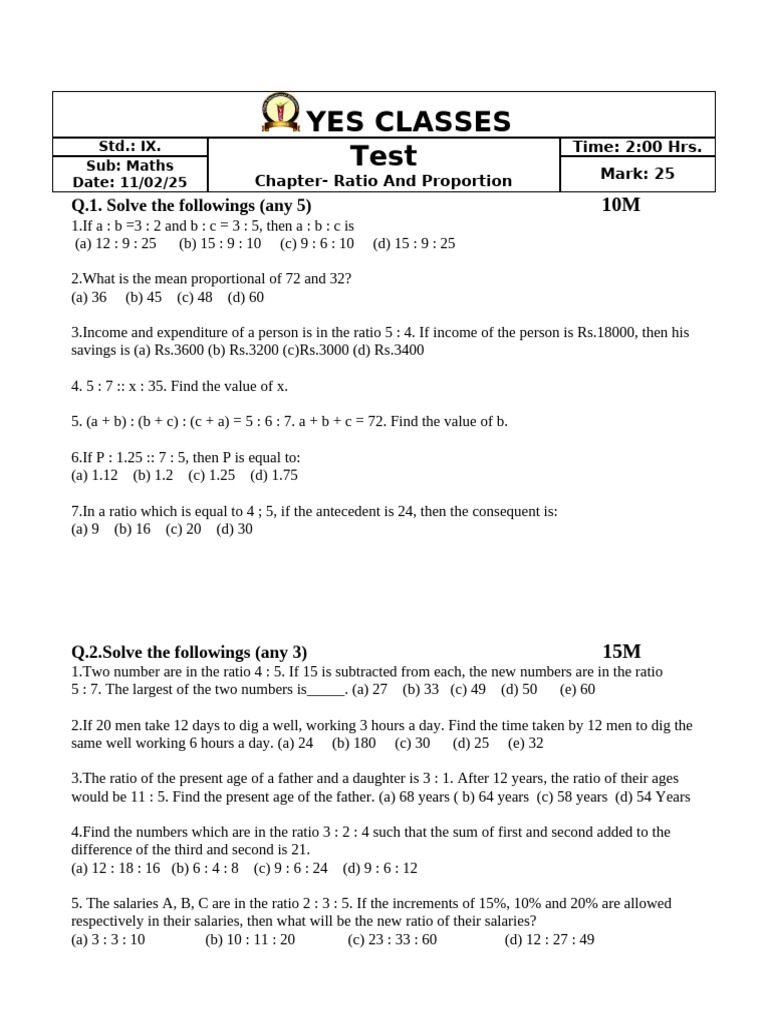 Ratio and Proportion Test for IX Std Maths | PDF