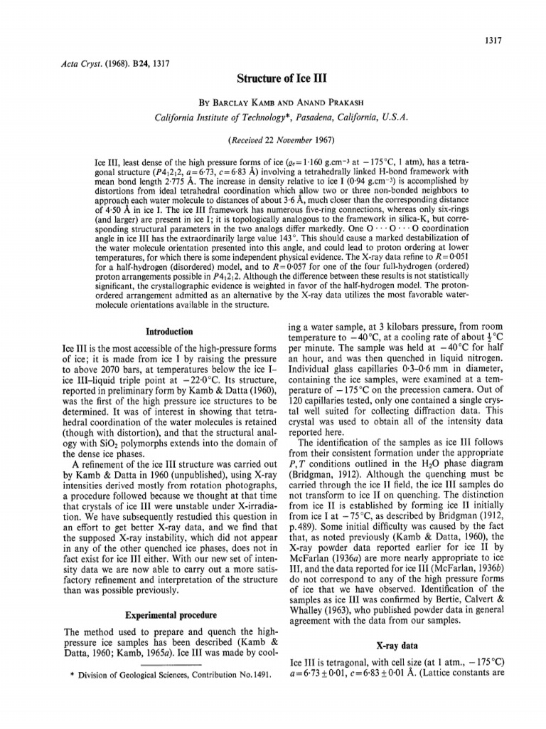 Structure of Ice III by Kamb | PDF | Properties Of Water | Condensed ...