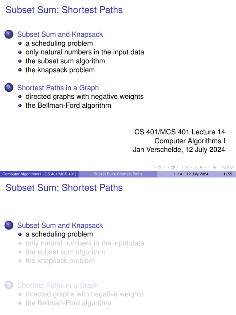 Subset Sum and Shortest Paths Algorithms | PDF | Computational Problems ...