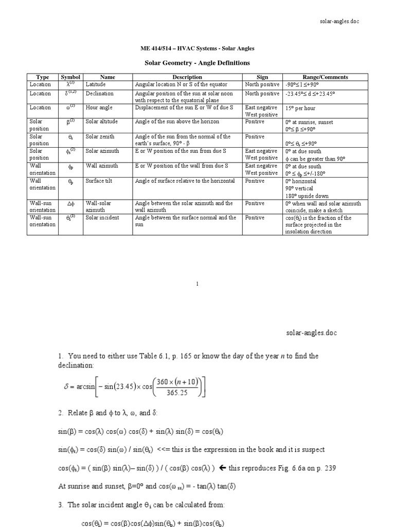 Solar Angles | PDF