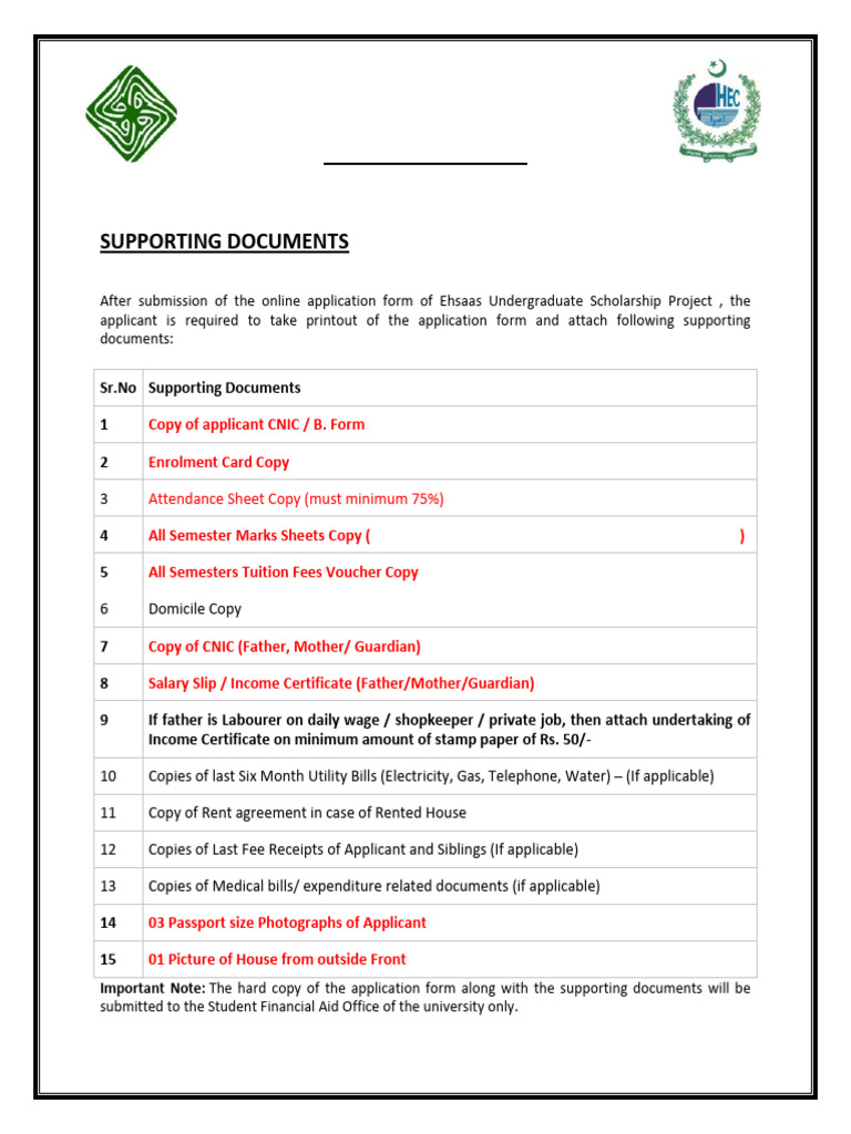 Ehsaas Scholarship Supporting Documents Guide | PDF