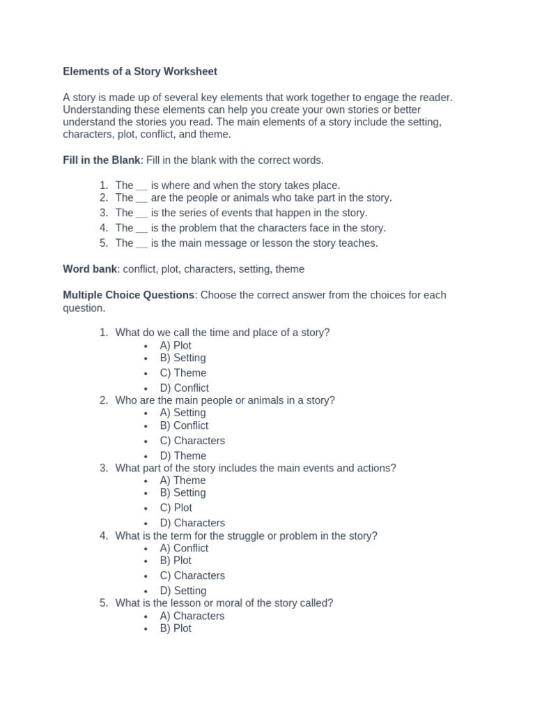 Story Elements Worksheet Guide | PDF | Plot (Narrative)