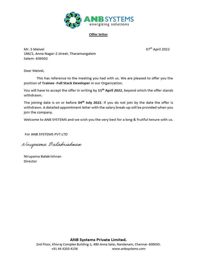 ANB Systems Trainee Offer Letter | PDF | Salary | Gratuity